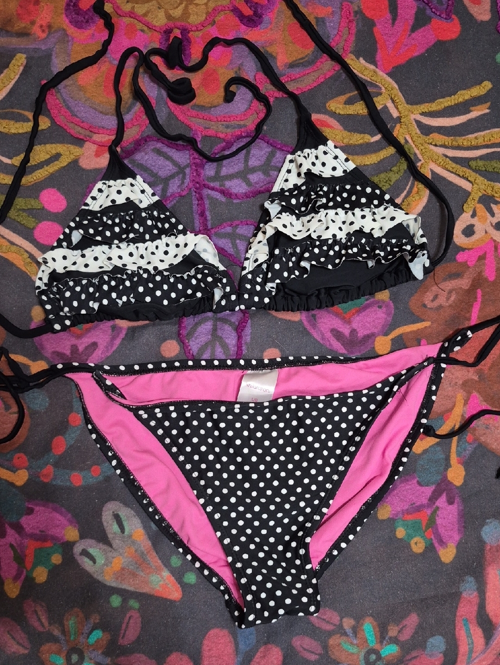 Polka Dot Ruffle Bikini Set - Black & White with Pink Lining